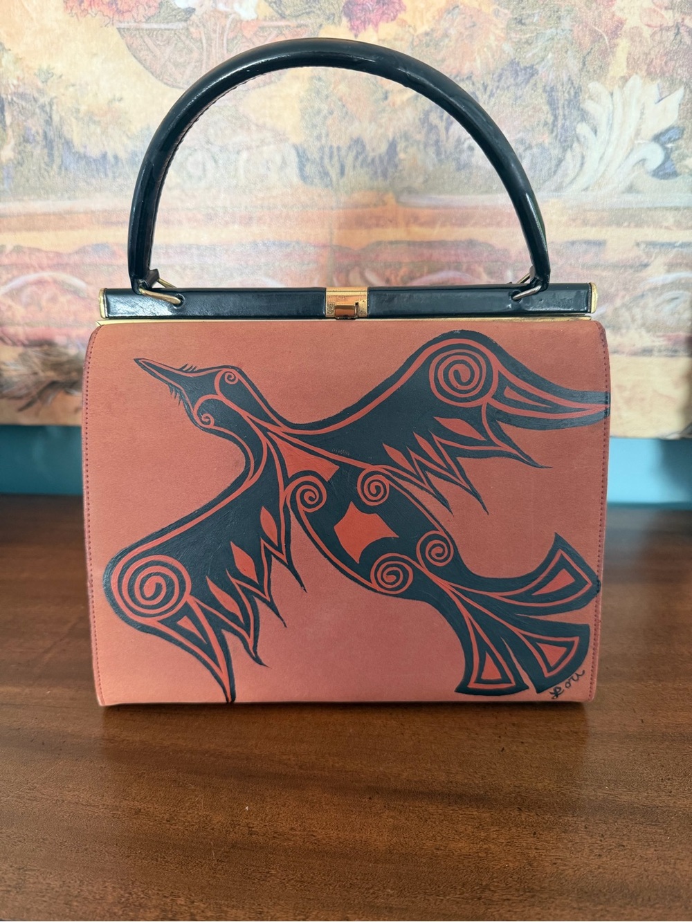 Vintage Signed Hand Painted Coral Top-Handle Bag with Raven Motif